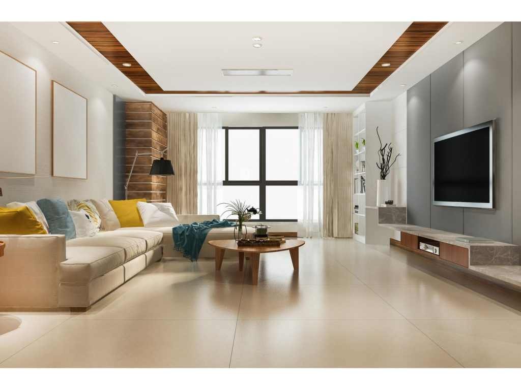 Grey and wooden theme living space Living Room